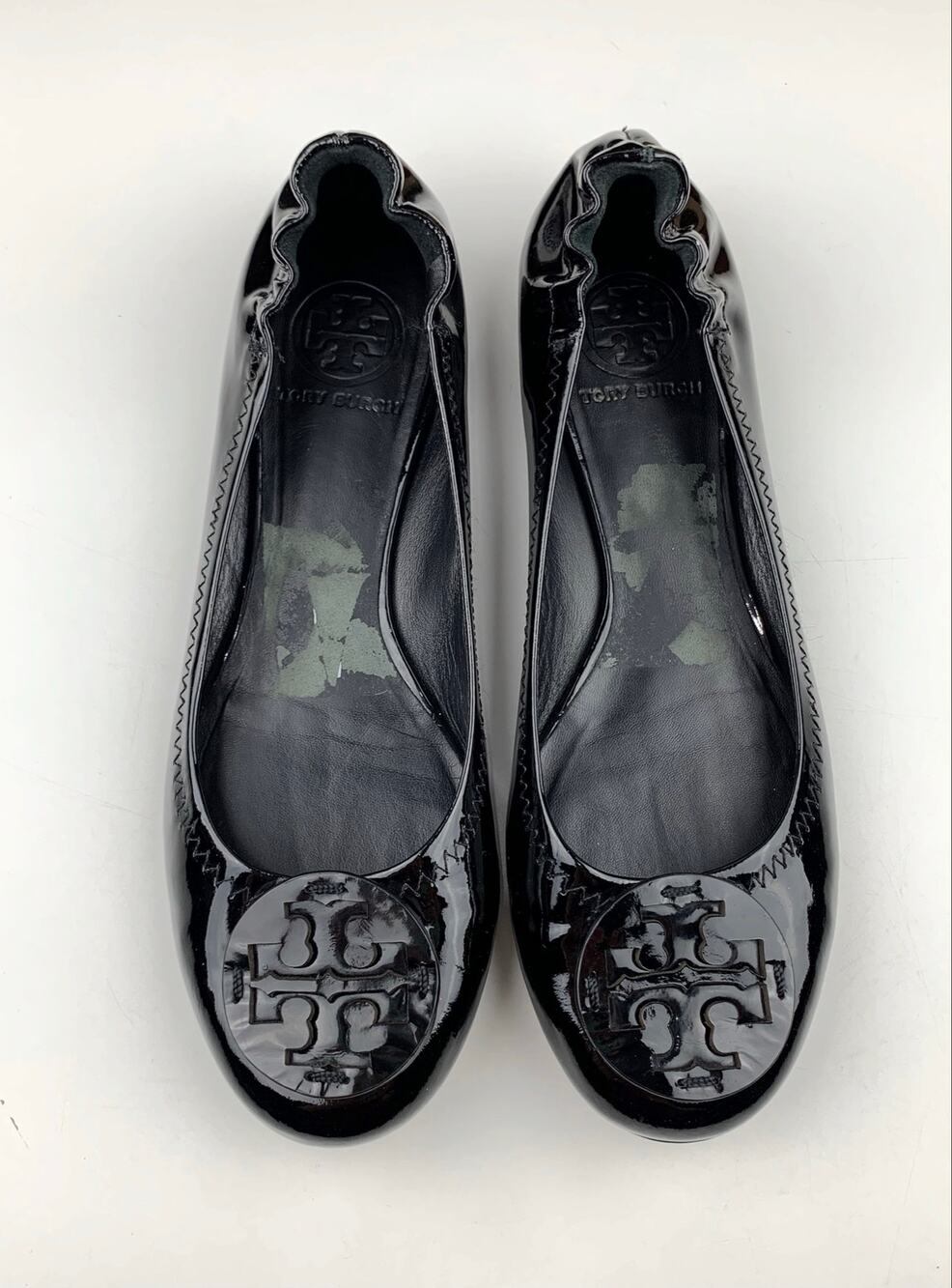 Tory Burch Reva Black Patent Leather Ballet Flats Logo Medallion Women's 8